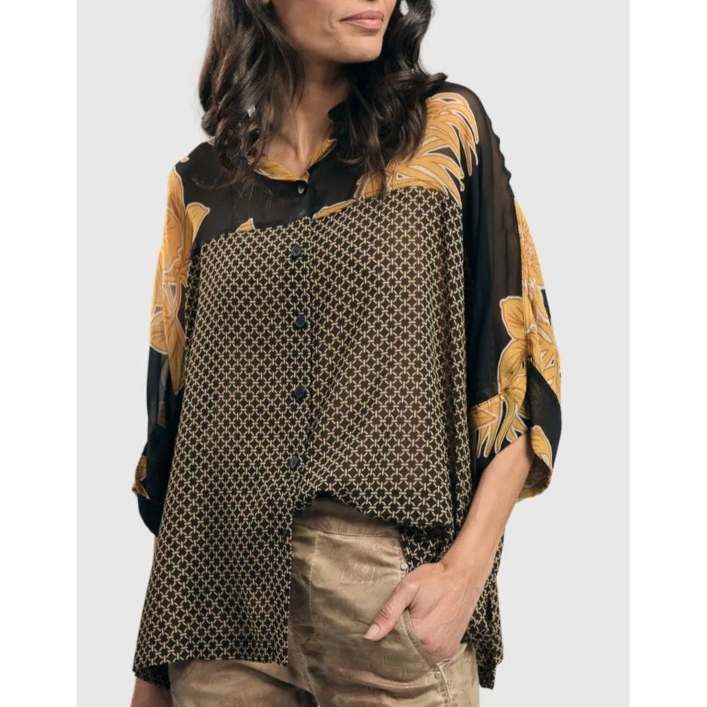 Alembika Black Gold Floral Chiffon Oversized Blouse XS Quiet Luxury Lagenlook